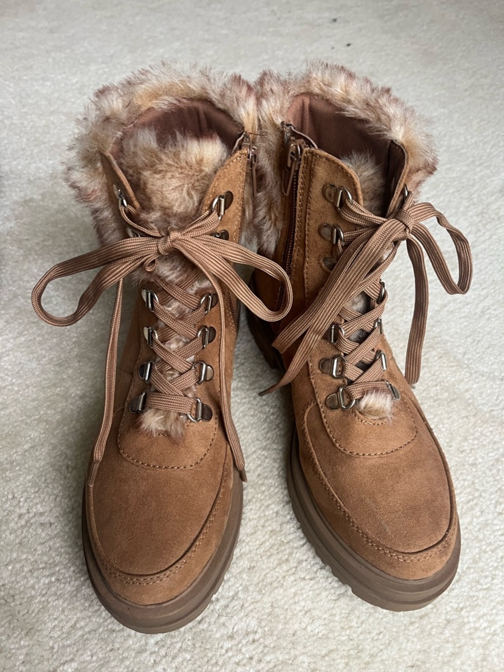 crown & ivy Tan Faux-Suede Fur-Lined Lace-Up Ankle Booties